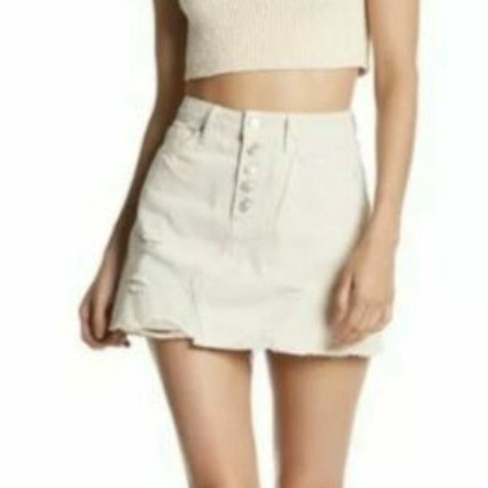 NEW Free People Denim Mini Skirt Women Size 30 White Distressed Boho Raw Hem